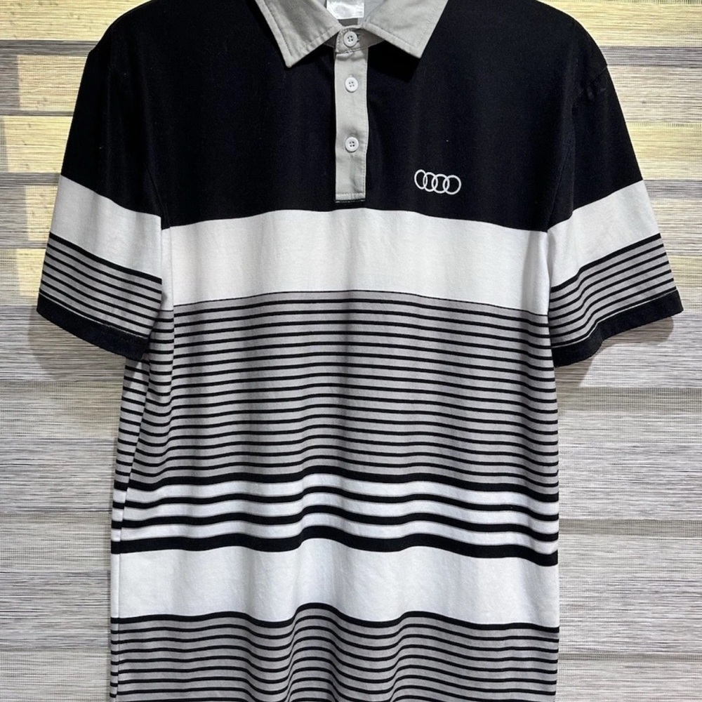 Audi Black and Gray Striped Men's Polo Shirt size M